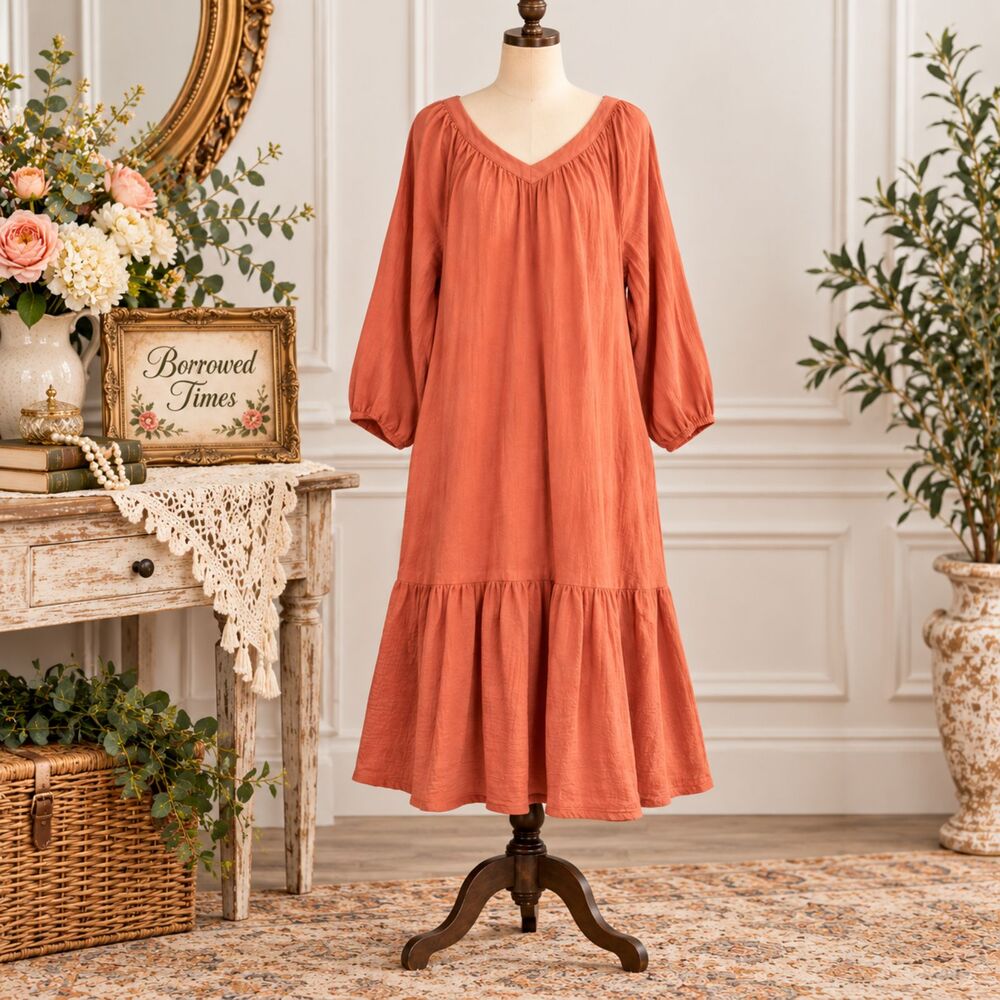 Lucky Brand Boho Tiered Cotton Dress XL Coral Orange V Neck Flowy Casual